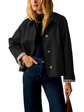 Women's Short Trench Jacket Plaid Lining Button Front with Pockets Black